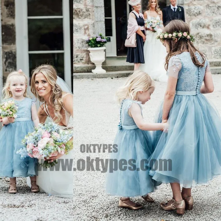 Blue Lace Top Tulle Flower Girl Dresses, Popular Cheap Junior Bridesmaid Dresses, TYP0621