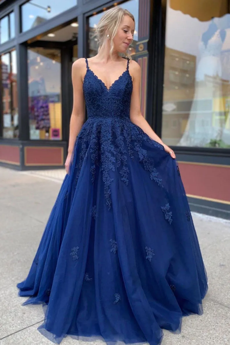 Blue lace tulle long prom dress blue lace formal dress