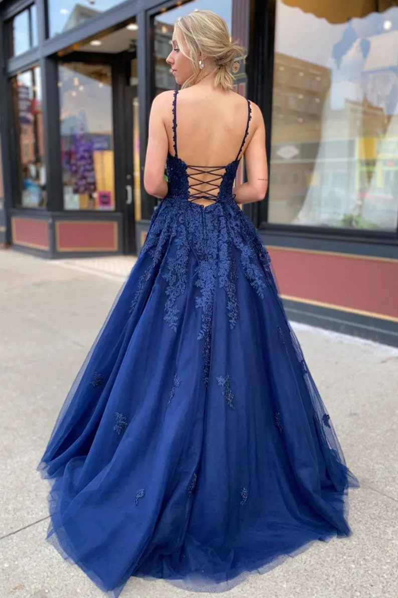 Blue lace tulle long prom dress blue lace formal dress