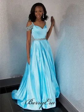 Blue Satin Off Shoulder Beaded Prom Dresses, Long Prom Dresses, Elegant Prom Dresses