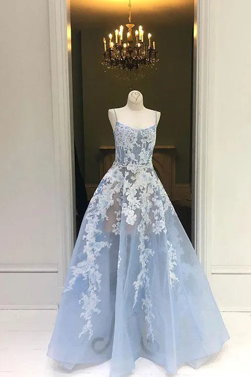 Blue tulle lace long prom dress, blue tulle evening dress