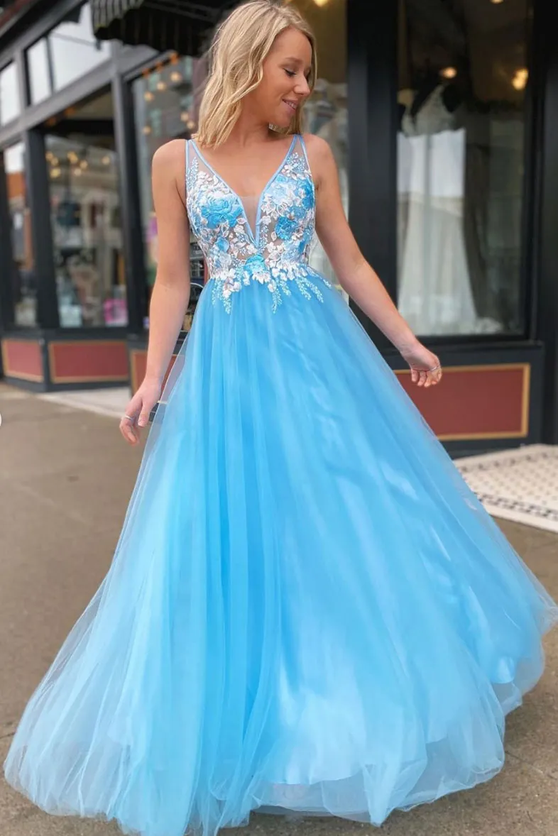 Blue v neck tulle lace long prom dress blue evening dress