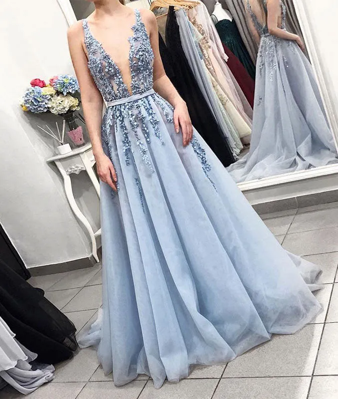 Blue v neck tulle lace long prom dress, blue tulle formal dress