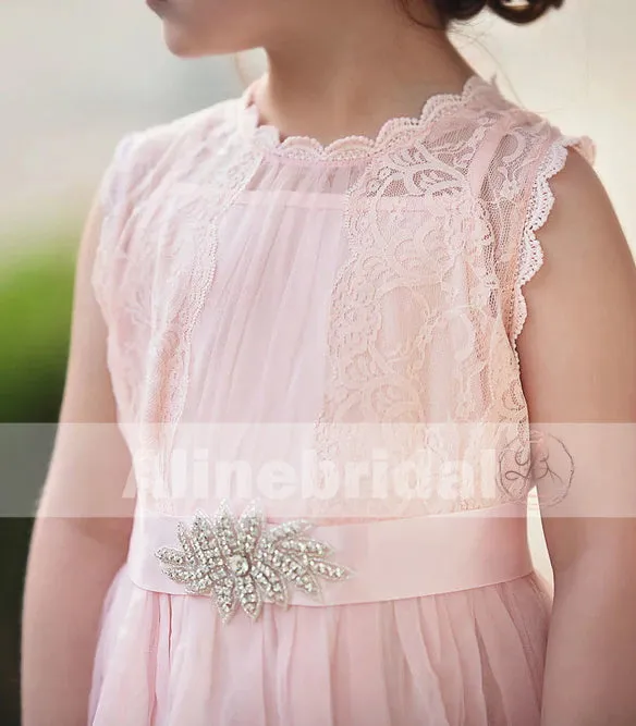 Blush Pink Lace Tulle Flower Girl Dresses With Rhinestone Sash, FGS068