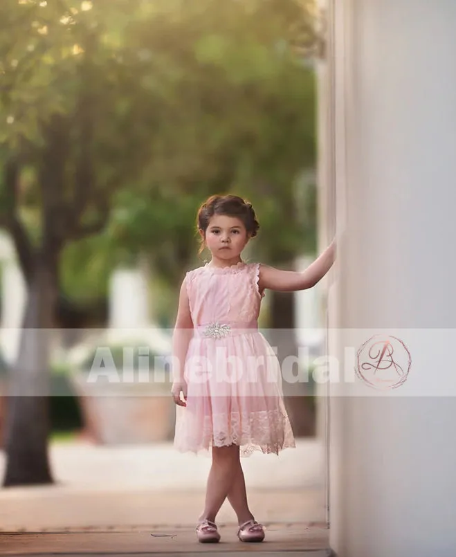 Blush Pink Lace Tulle Flower Girl Dresses With Rhinestone Sash, FGS068