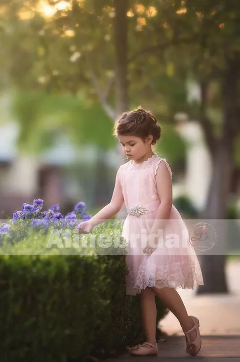 Blush Pink Lace Tulle Flower Girl Dresses With Rhinestone Sash, FGS068