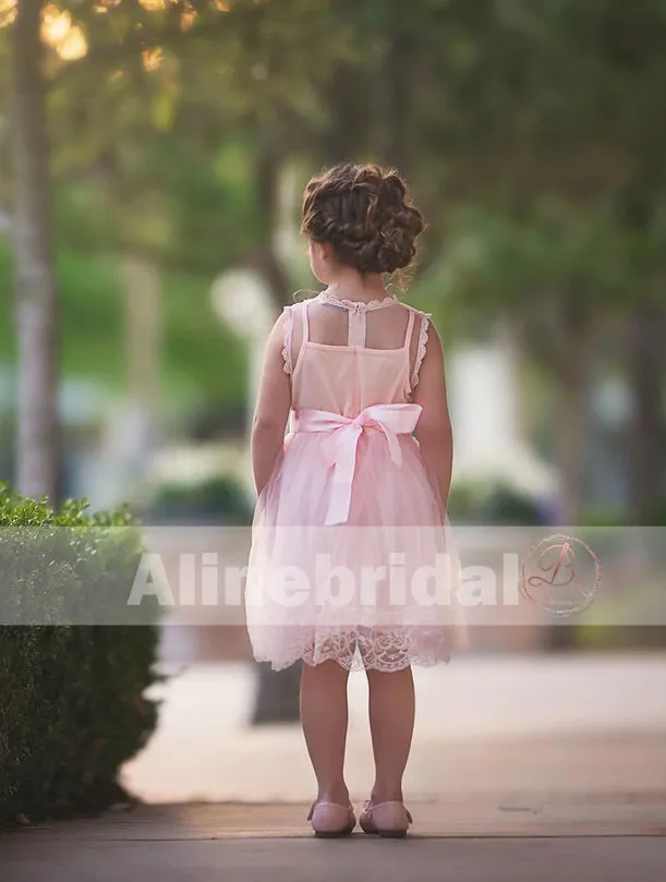 Blush Pink Lace Tulle Flower Girl Dresses With Rhinestone Sash, FGS068