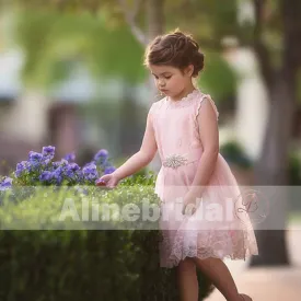 Blush Pink Lace Tulle Flower Girl Dresses With Rhinestone Sash, FGS068