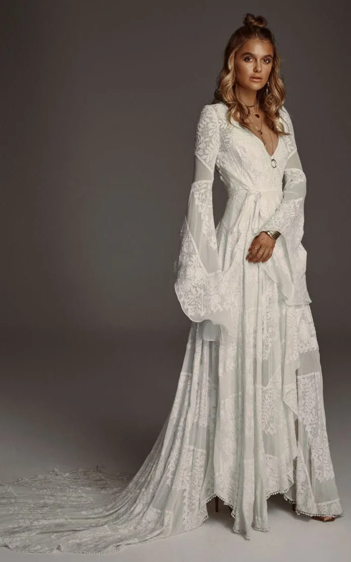 Bohemian Lace V-neck A-Line Wedding Dress Simple Casual Sexy Adorable Country With Illusion Back And Illusion Long Sleeves-716742