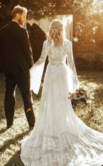 Bohemian Lace V-neck A-Line Wedding Dress Simple Casual Sexy Adorable Country With Illusion Back And Illusion Long Sleeves-716742