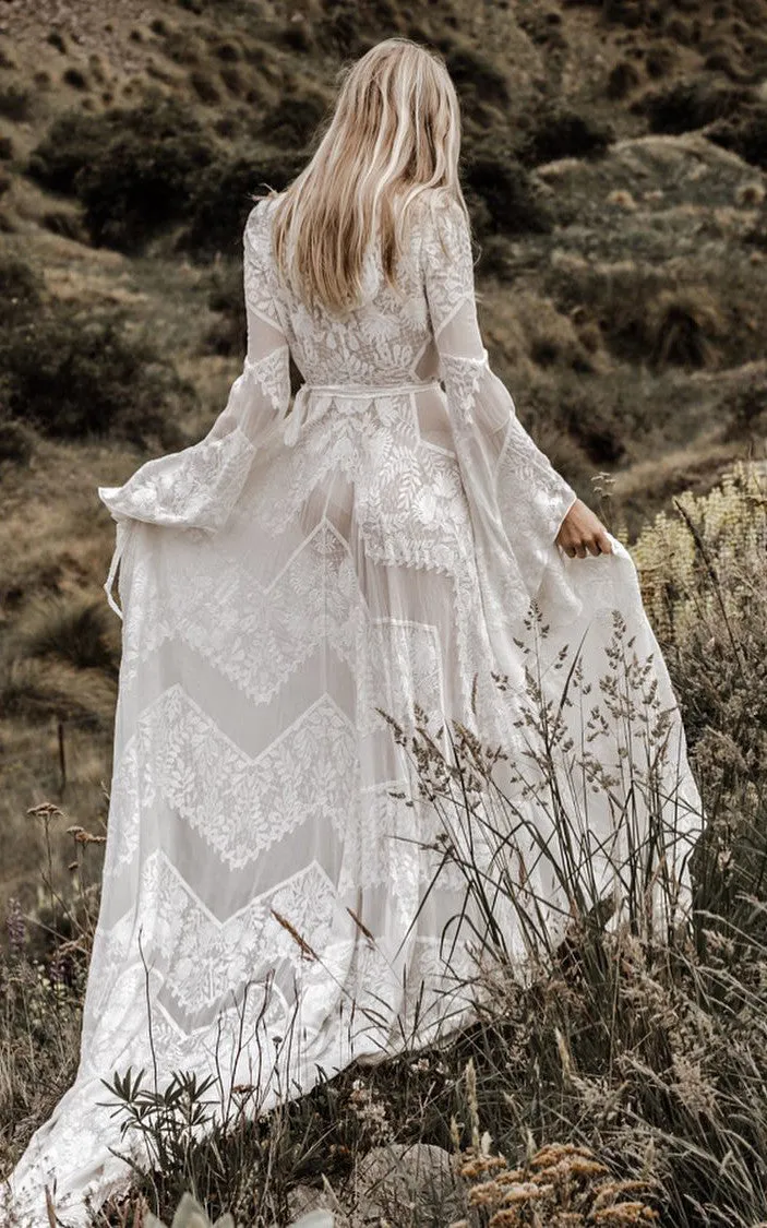 Bohemian Lace V-neck A-Line Wedding Dress Simple Casual Sexy Adorable Country With Illusion Back And Illusion Long Sleeves-716742