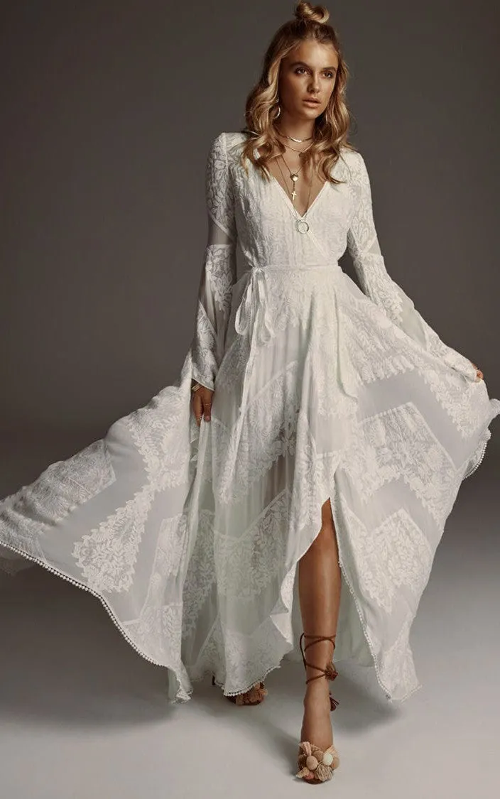 Bohemian Lace V-neck A-Line Wedding Dress Simple Casual Sexy Adorable Country With Illusion Back And Illusion Long Sleeves-716742