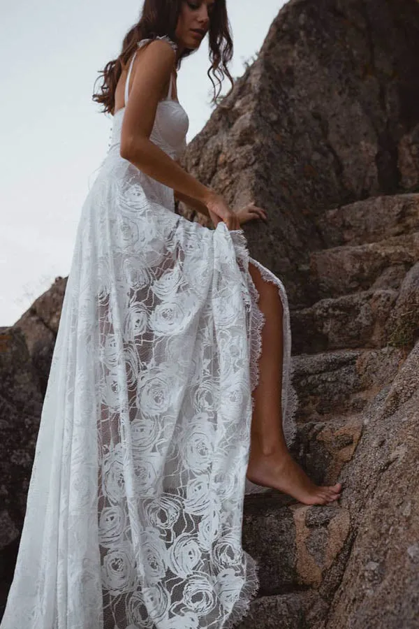 Boho Rose Lace Spaghetti Straps Sweetheart Wedding Dresses With Slit, SW486