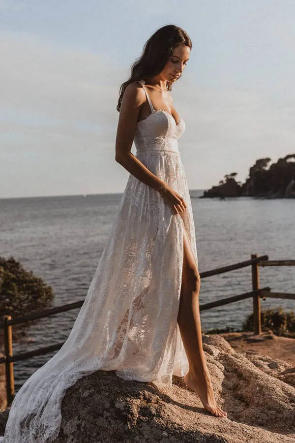 Boho Rose Lace Spaghetti Straps Sweetheart Wedding Dresses With Slit, SW486