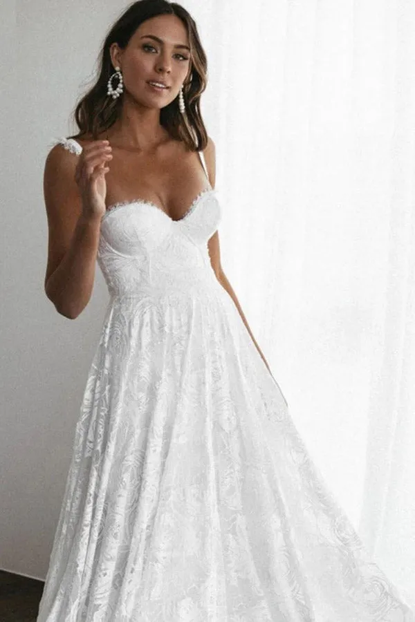 Boho Rose Lace Spaghetti Straps Sweetheart Wedding Dresses With Slit, SW486