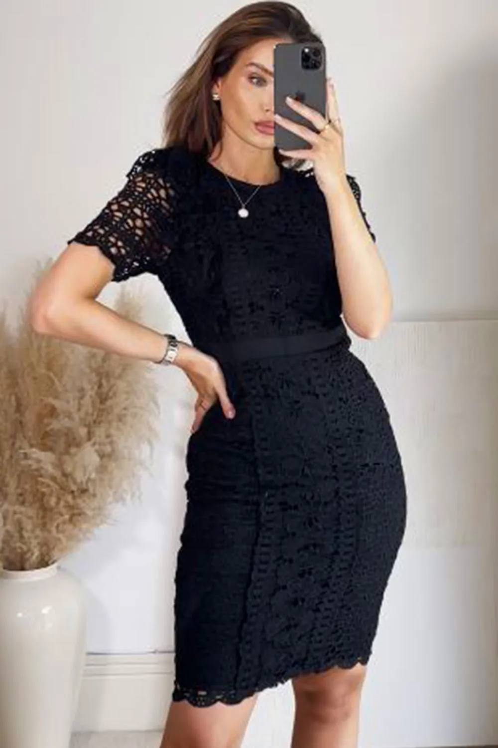 Candice Black Crochet Lace Frill Midi Dress