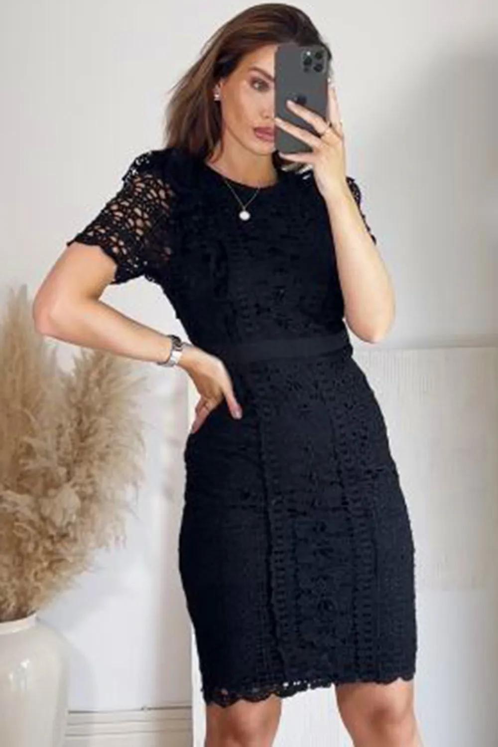 Candice Black Crochet Lace Frill Midi Dress