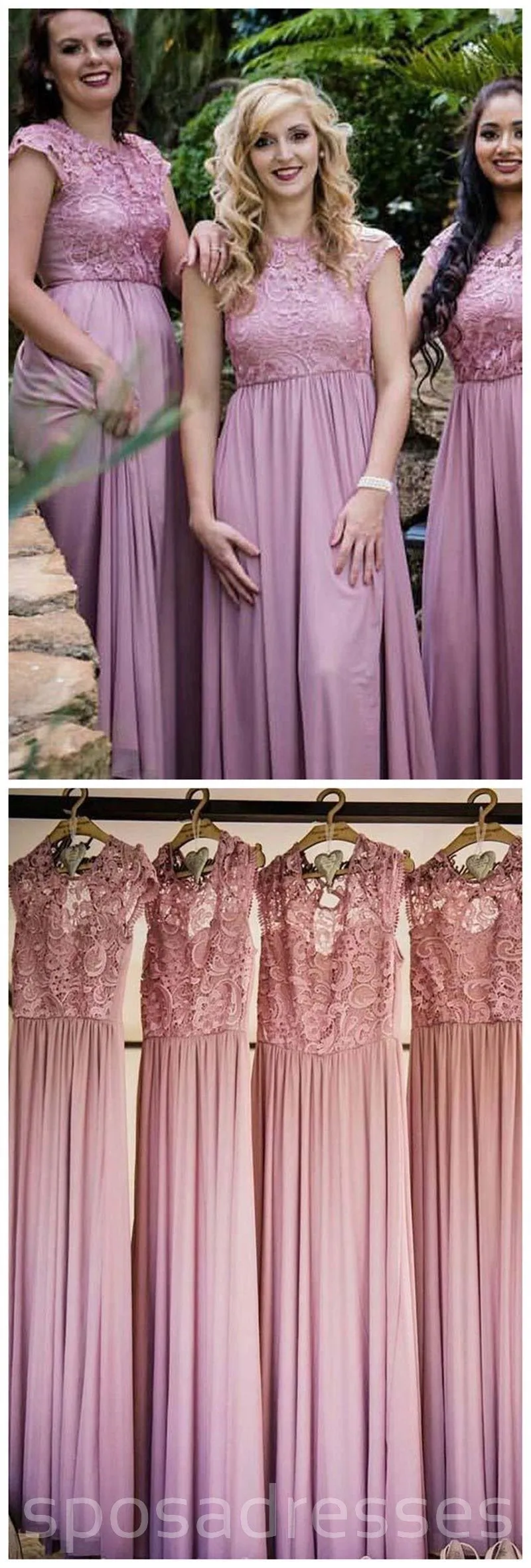 Cap Sleeve Illusion Lace Pink Long Cheap Bridesmaid Dresses Online, WG258