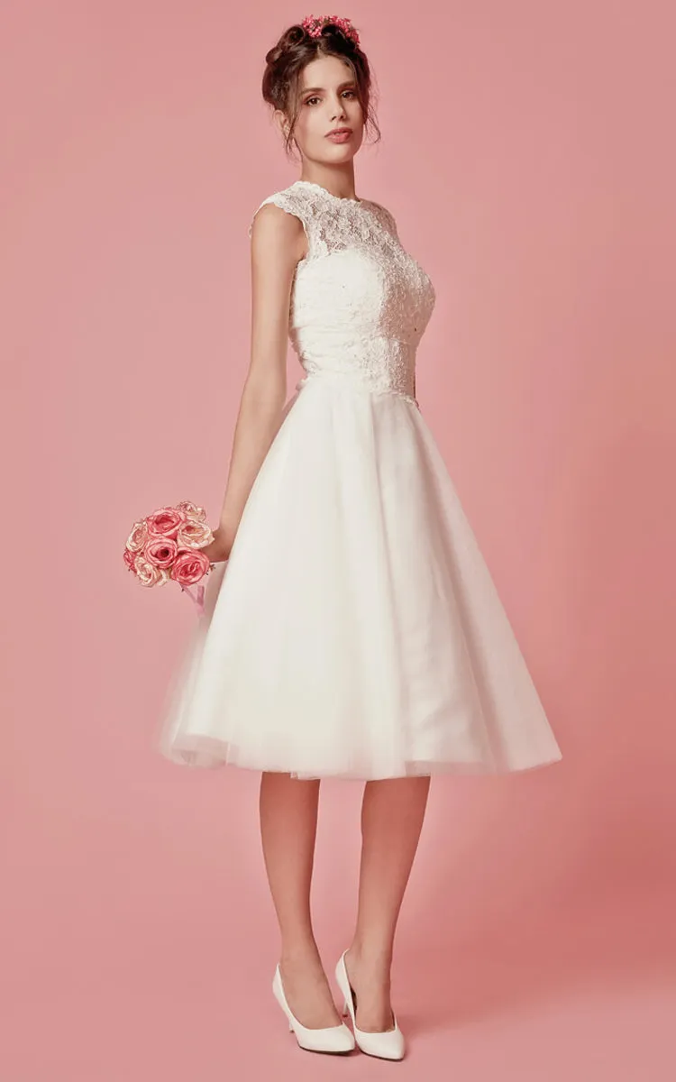 Cap Sleeved A-Line Knee Length Wedding Dress With Jacket-ZP_703949