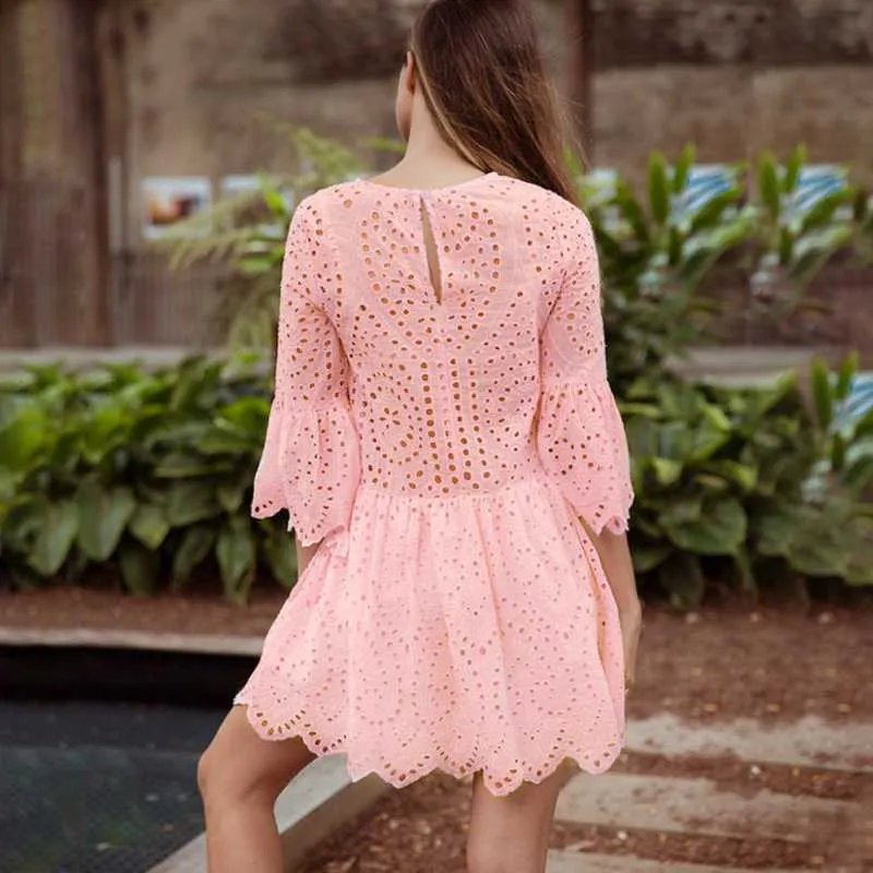 Casual Scalloped Trim Hemline Eyelet Lace Swing Dress