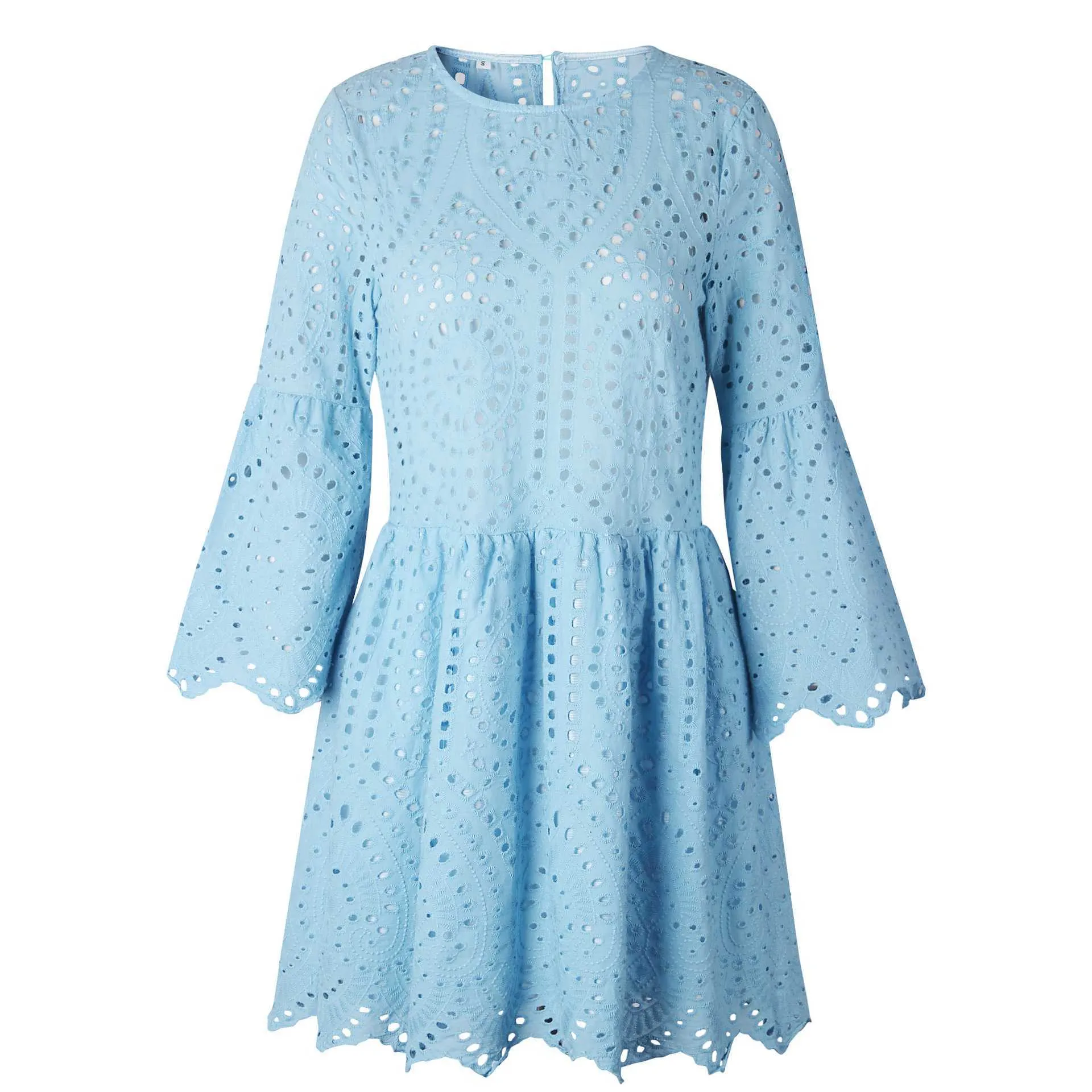 Casual Scalloped Trim Hemline Eyelet Lace Swing Dress