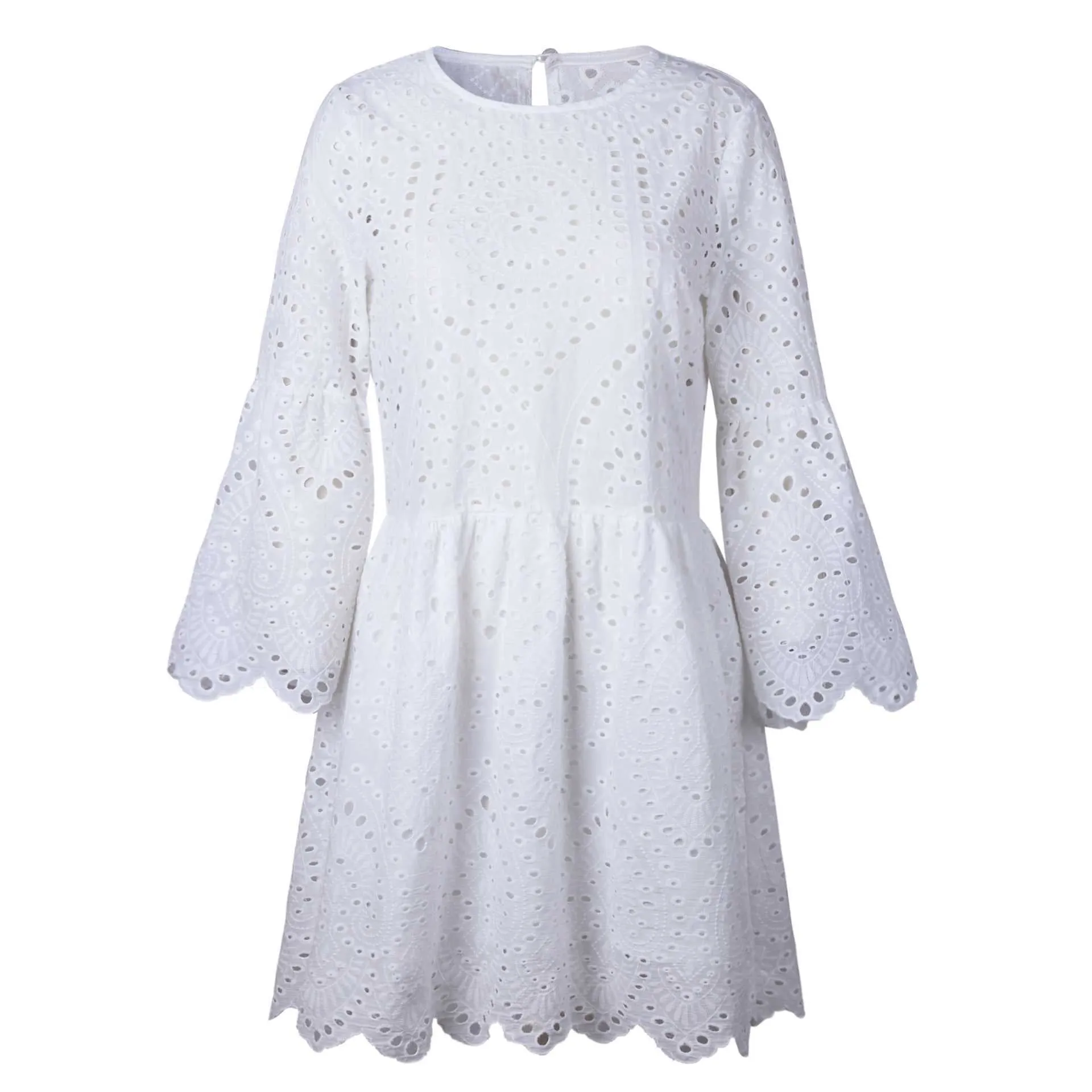 Casual Scalloped Trim Hemline Eyelet Lace Swing Dress