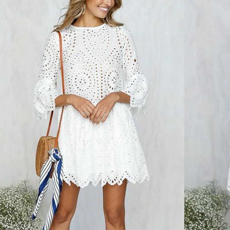 Casual Scalloped Trim Hemline Eyelet Lace Swing Dress