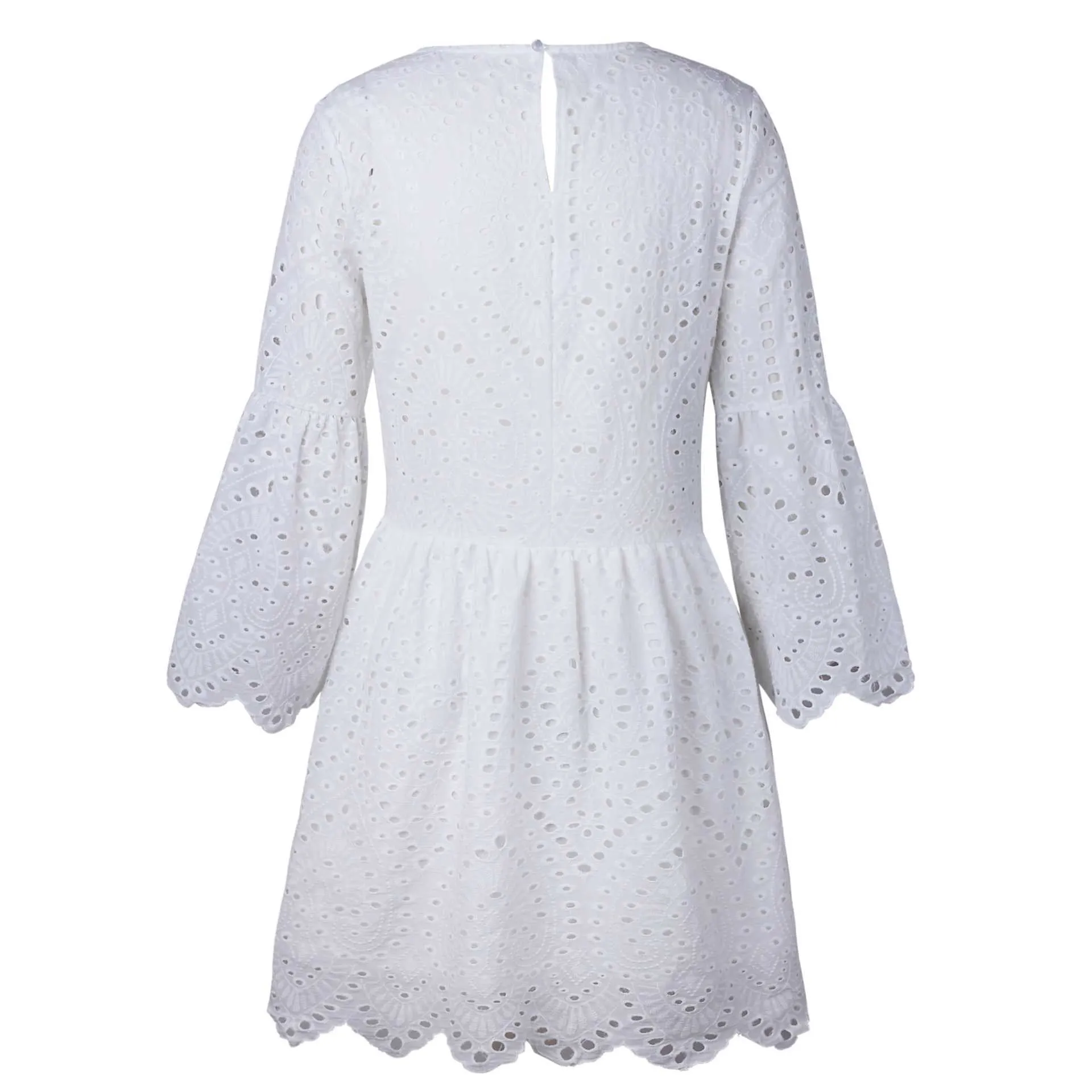 Casual Scalloped Trim Hemline Eyelet Lace Swing Dress