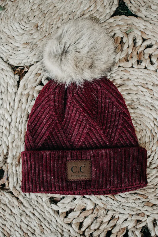 CC Leather Patch Beanie, Burgundy