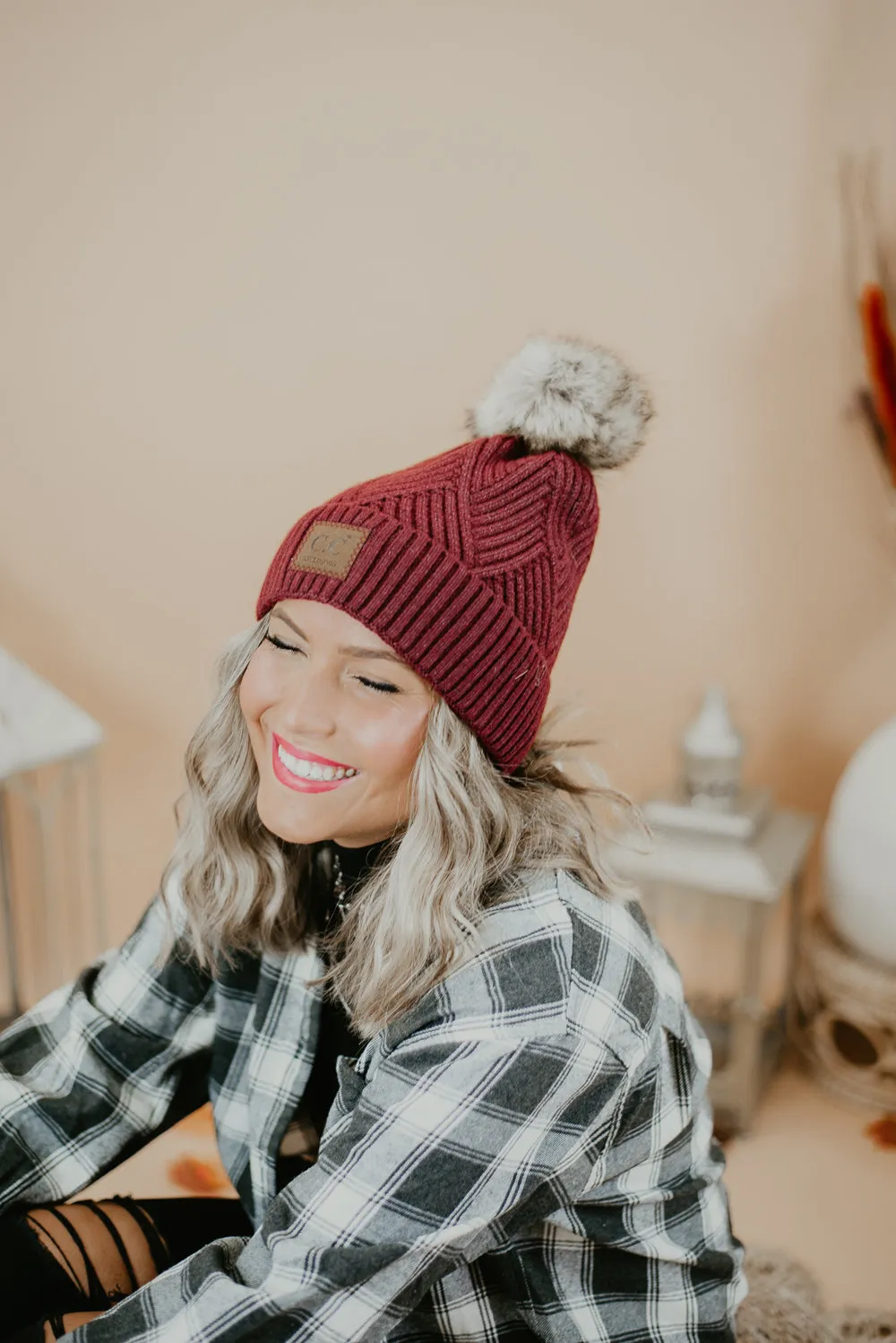 CC Leather Patch Beanie, Burgundy