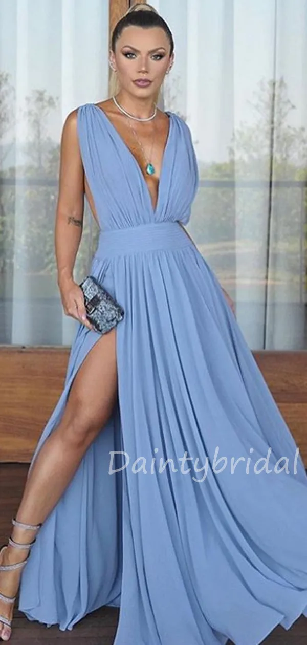 Charming Deep V-neck A-line Chiffon Long Prom Dresses Side Slit Evening Dresses.DB10412