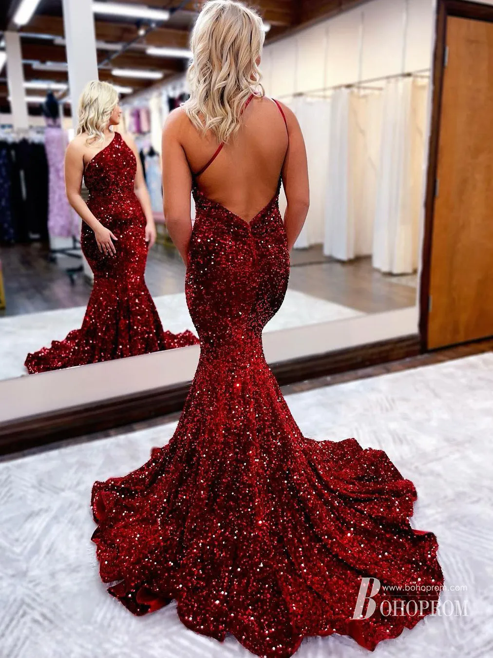 Charming Sequin Lace One shoulder Long Mermaid Prom Dresses PD283