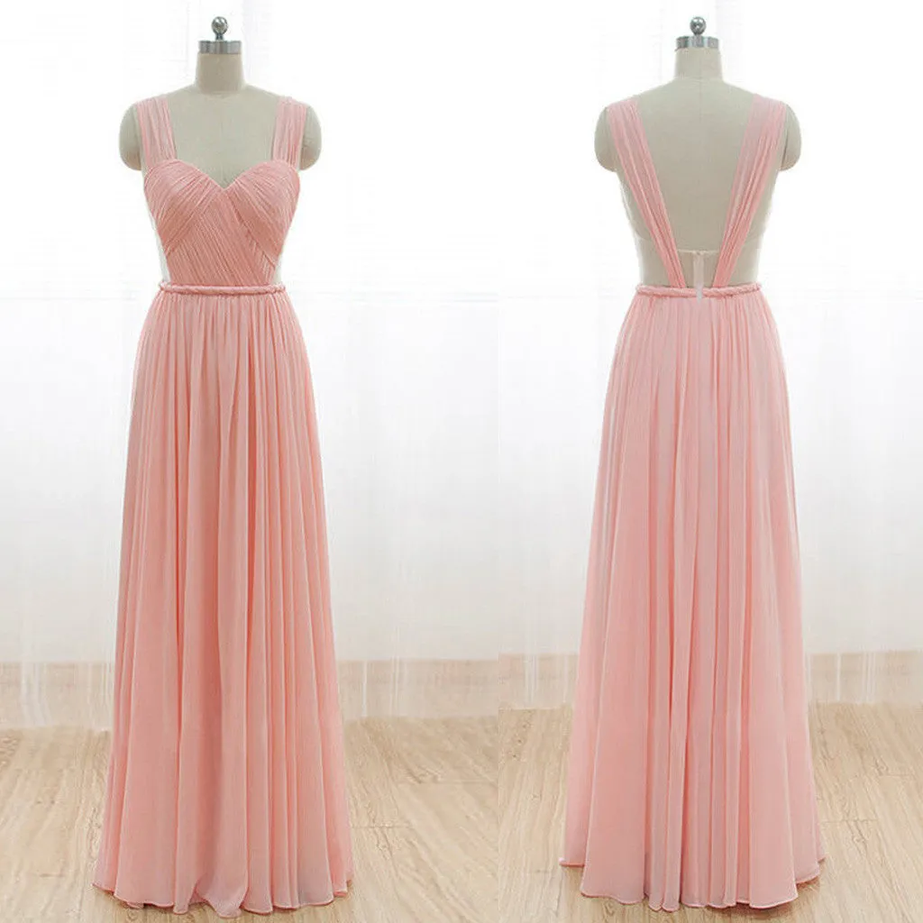 Cheap Junior Long Chiffon Pink  Sweet Heart Open Back Bridesmaid Dresses, WG21