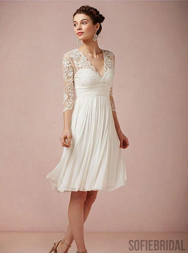 Cheap Long Sleeve Lace Short Beach Wedding Dresses, WD330