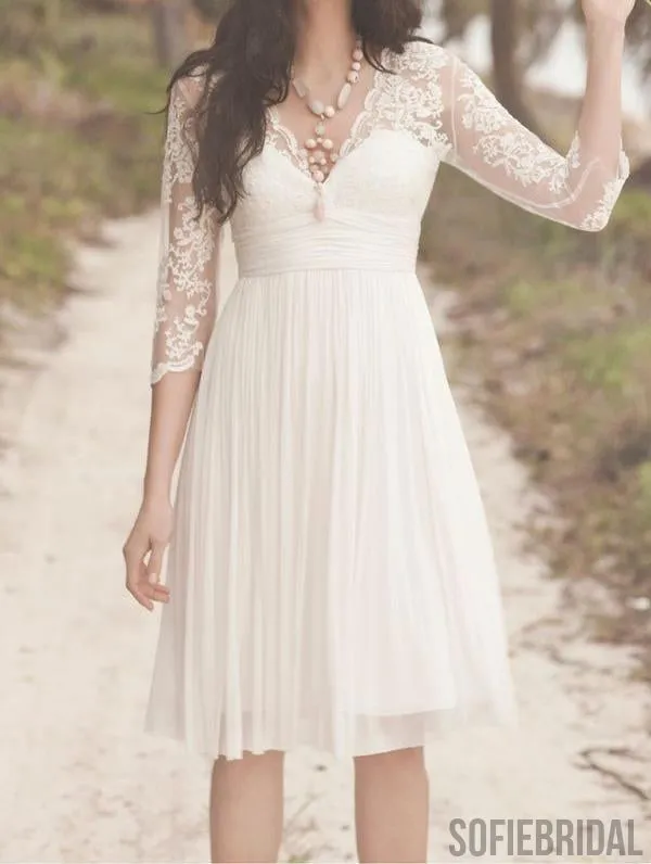 Cheap Long Sleeve Lace Short Beach Wedding Dresses, WD330