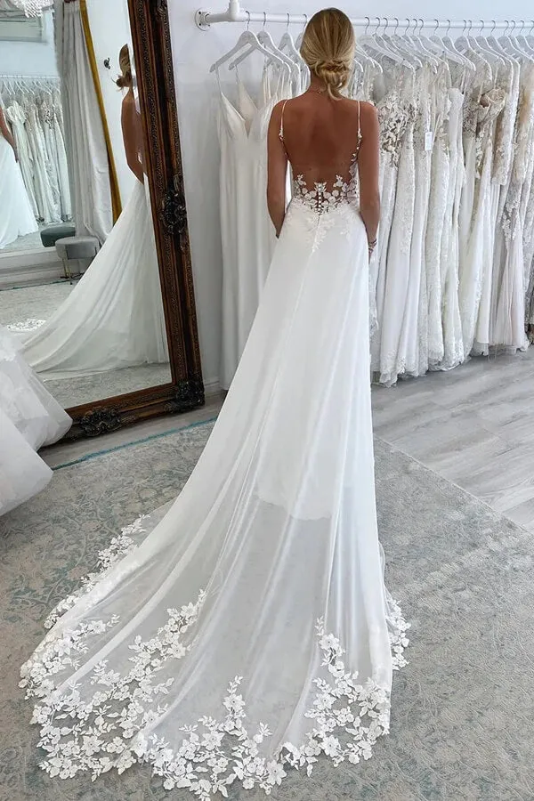 Chiffon A-line V-neck Spaghetti Straps Lace Appliques Wedding Dresses, SW669