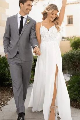 Chiffon A-line V-neck Spaghetti Straps Lace Beach Wedding Dresses, SW660