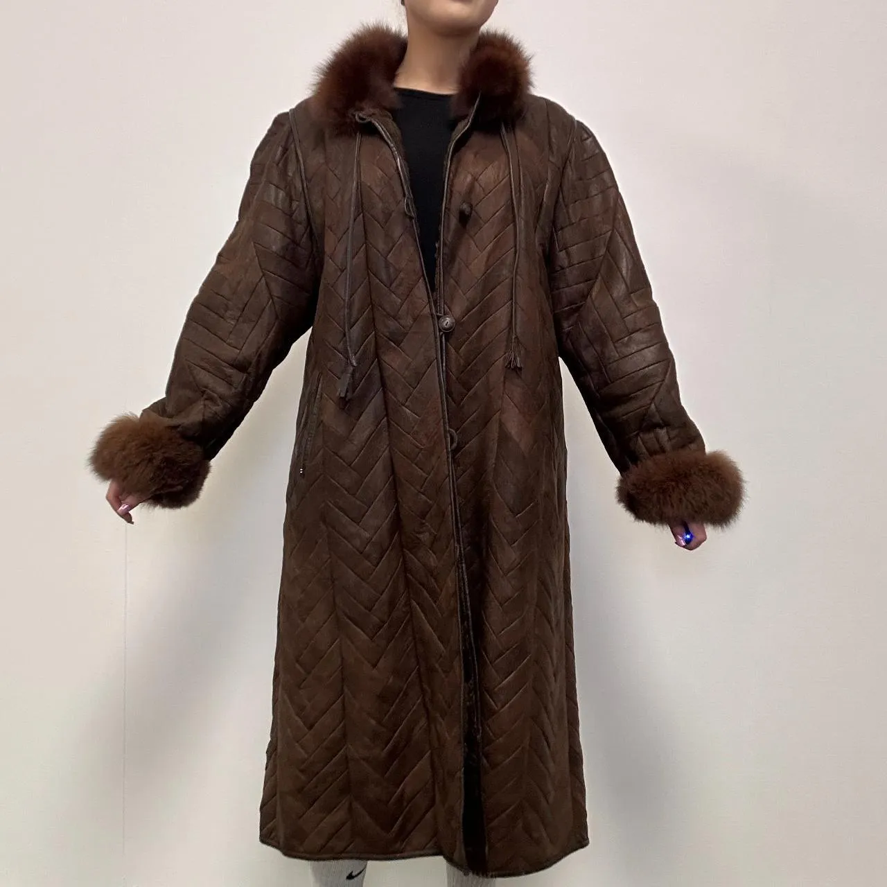 CHRIST Women's Shearling Leather Long Brown Coat - UK 14-16