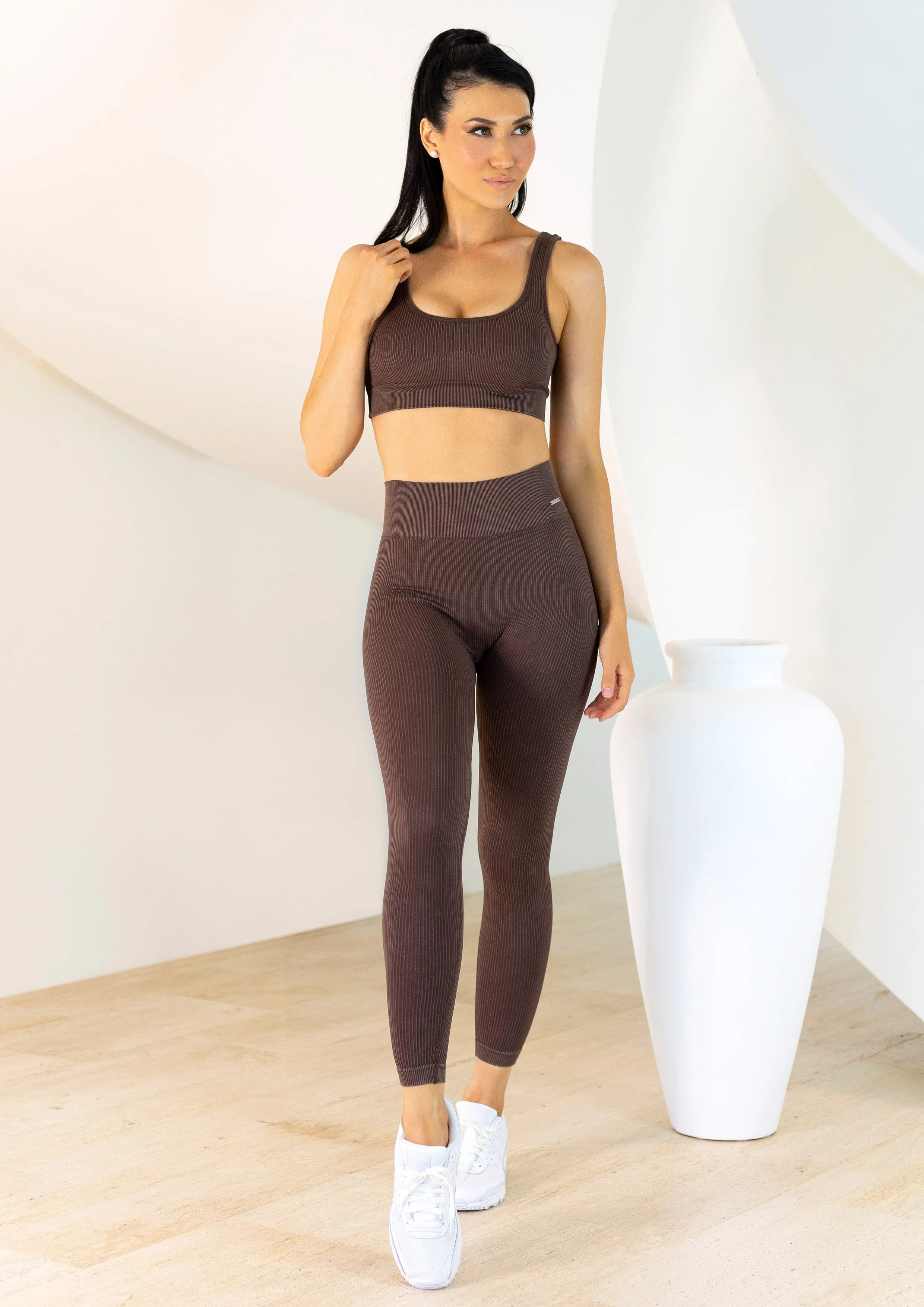 Coffee Ribbed Seamless Sports Bra