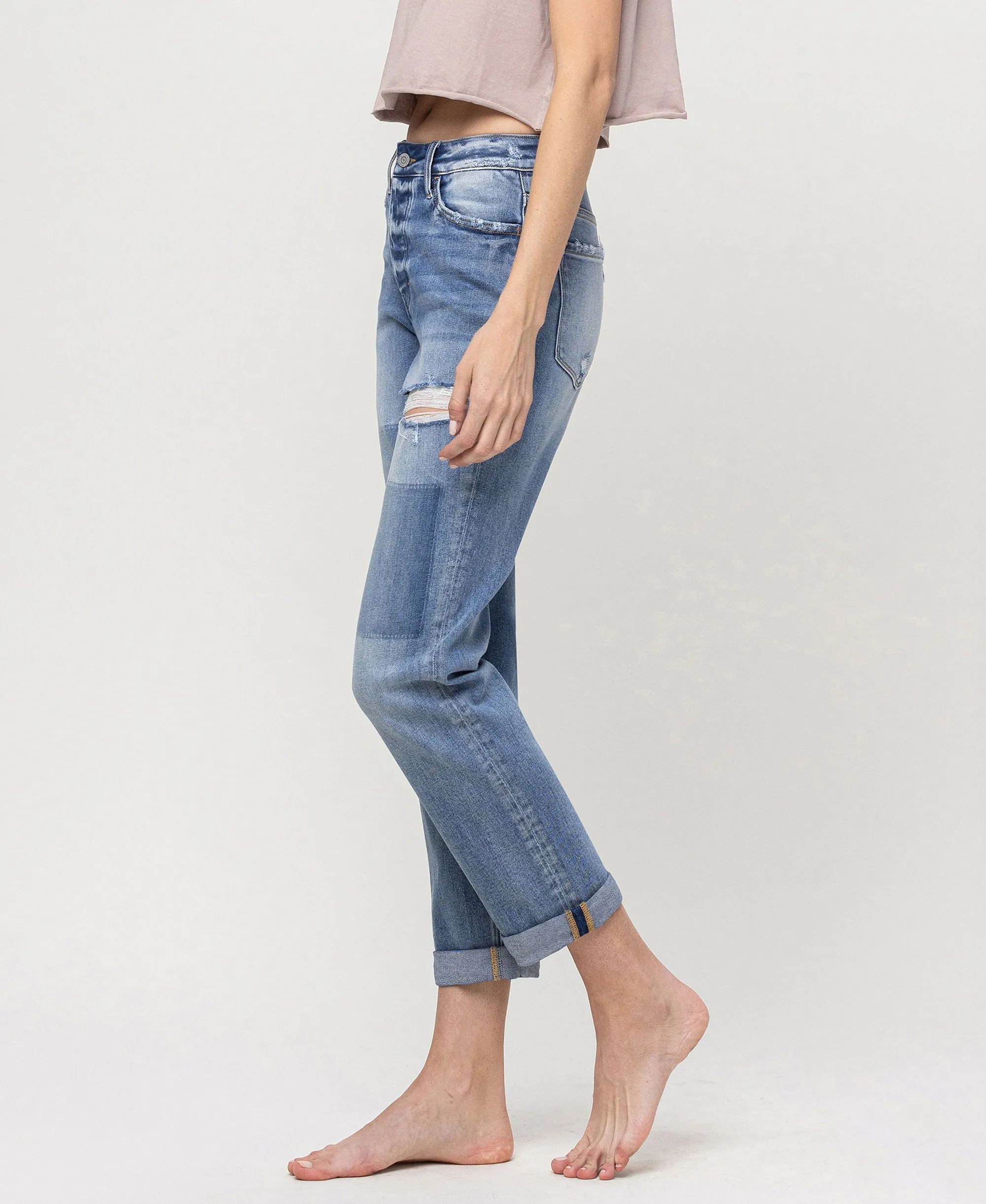 Commander - Mid Rise Button Fly Cuffed Boyfriend Jeans