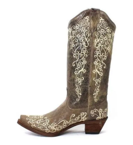 Corral Boots Dist Brown Bone Embroidery Western Boots