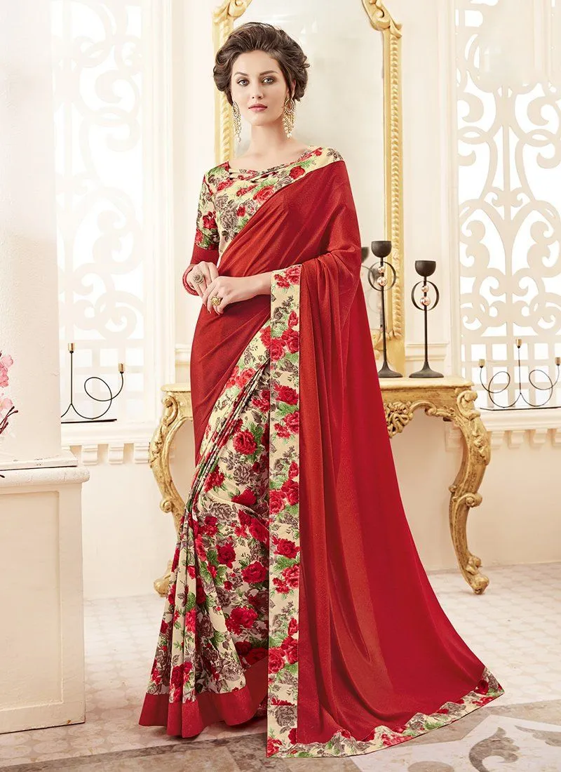 Crepe Silk Party Casual Printed Work Saree- red cream