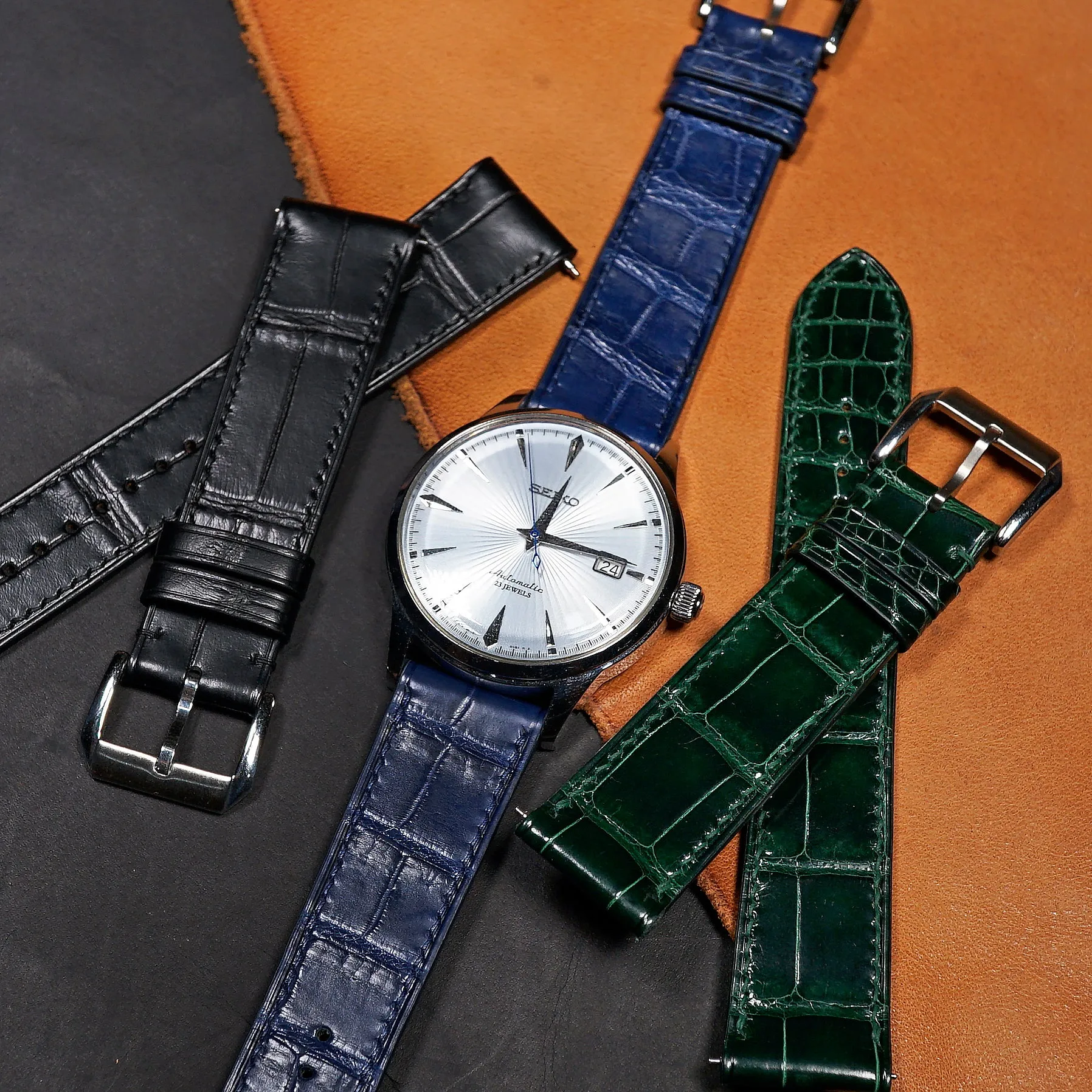 Crocodile Leather Watch Strap in Blue (Glossy)