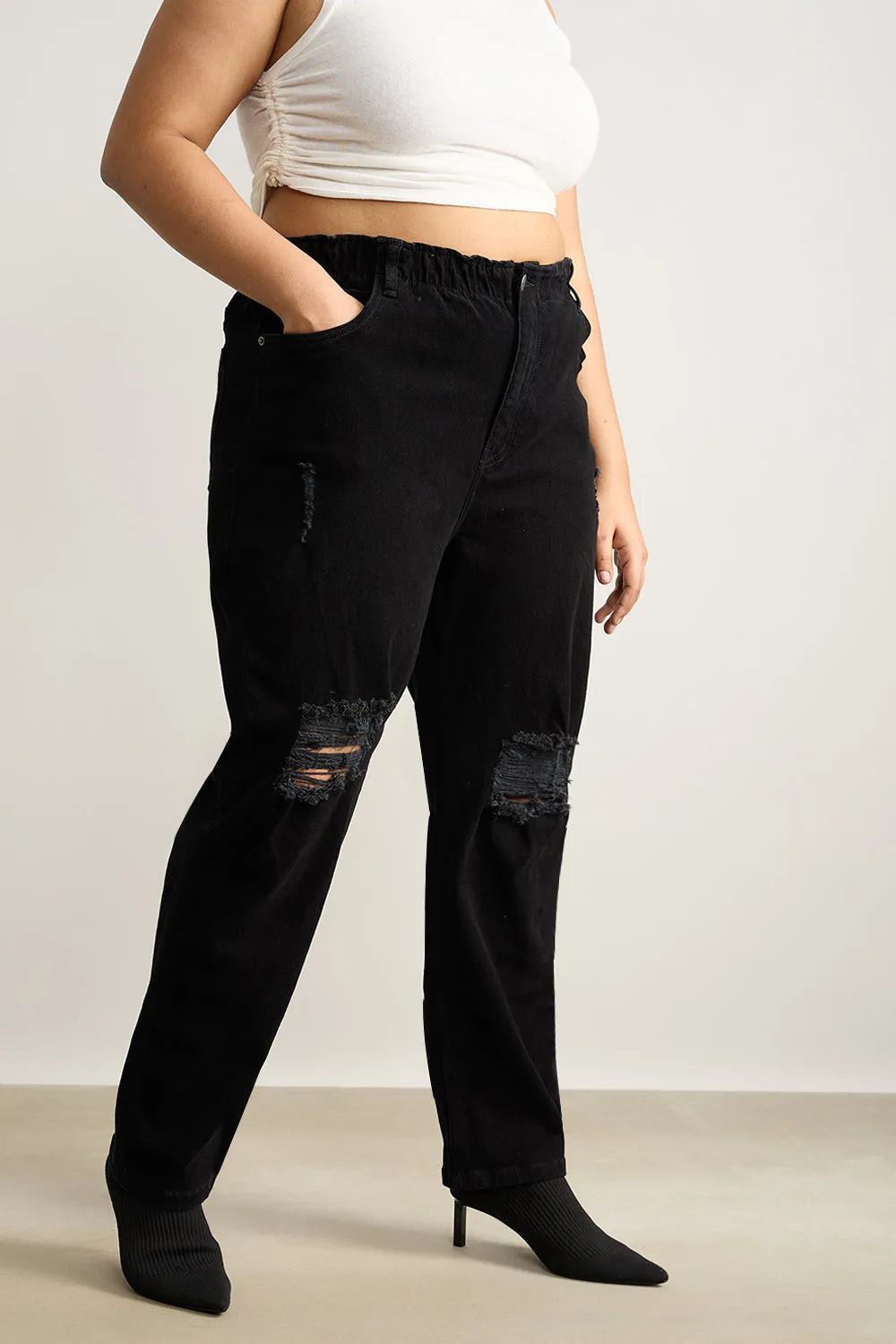 Curve Ebony Elasticated Distress Mom Jeans