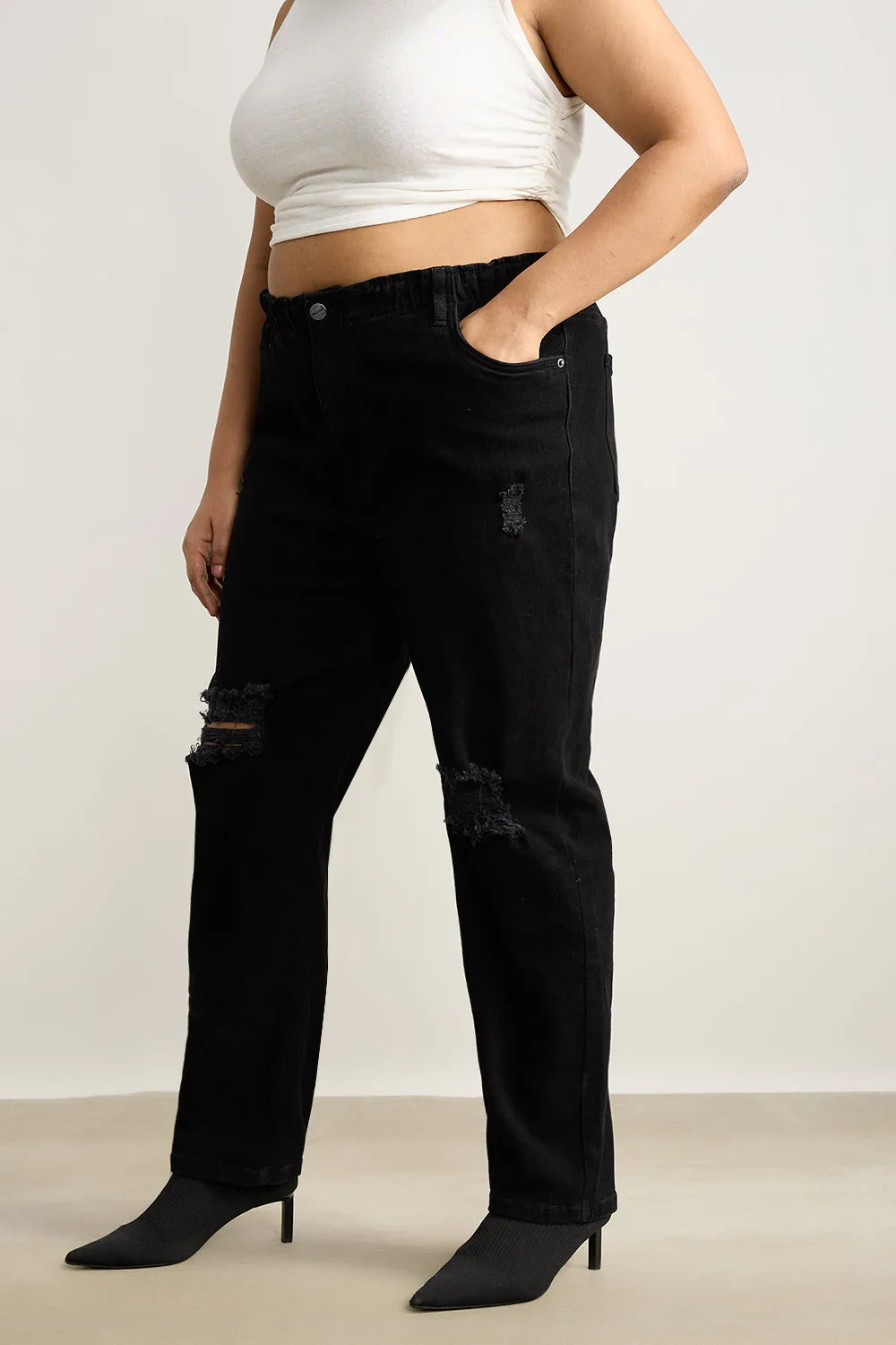 Curve Ebony Elasticated Distress Mom Jeans