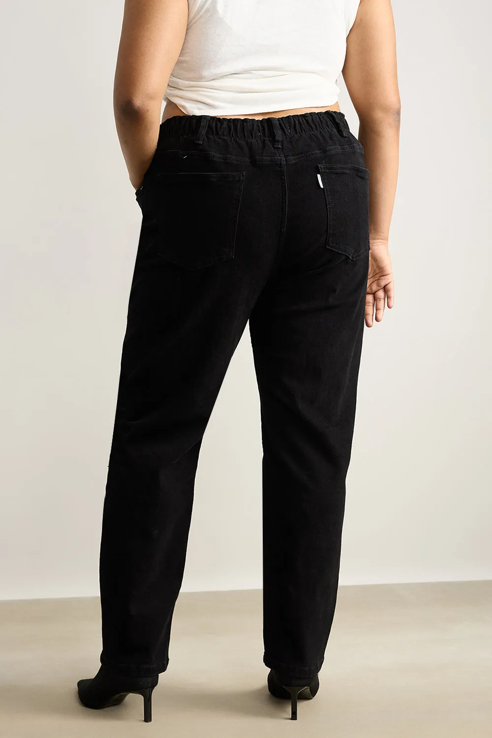 Curve Ebony Elasticated Distress Mom Jeans