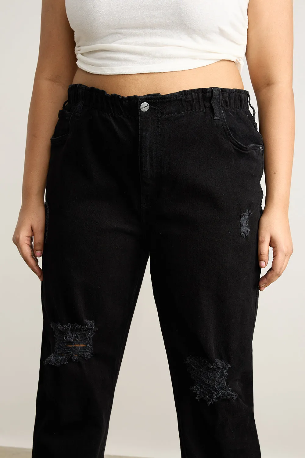 Curve Ebony Elasticated Distress Mom Jeans