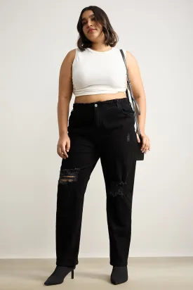 Curve Ebony Elasticated Distress Mom Jeans