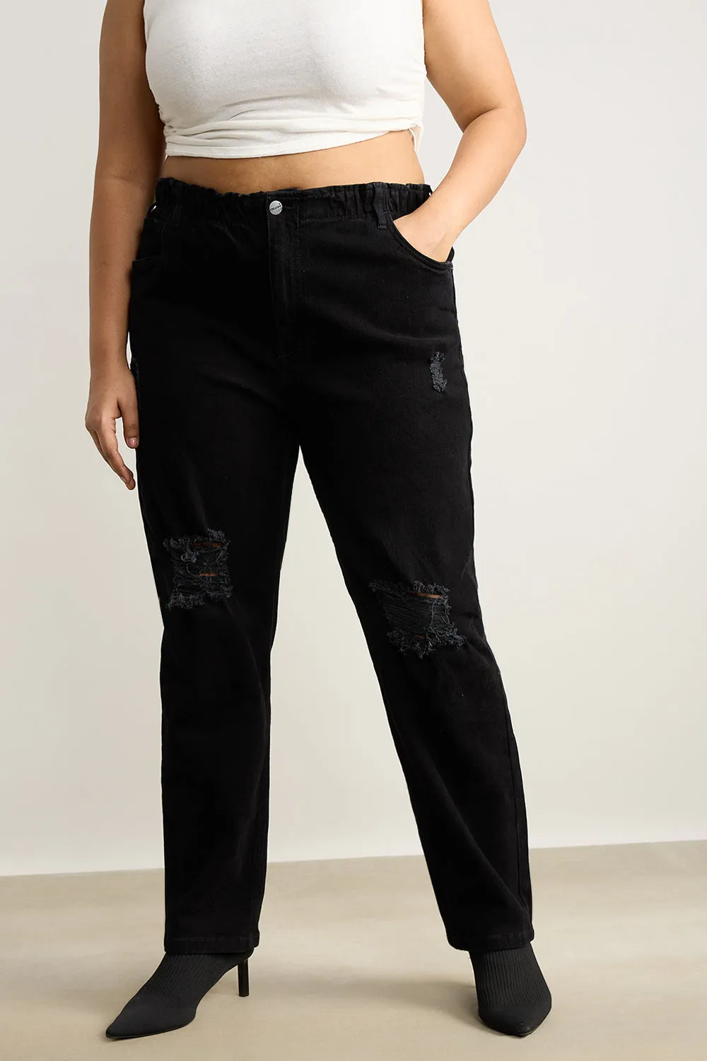 Curve Ebony Elasticated Distress Mom Jeans