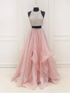 Custom Made A Line Round Neck 2 Pieces Pink Prom Dresses, 2 Pieces Pink Formal Dresses